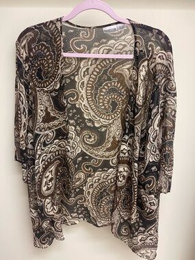 100% Silk Chico’s Brown Paisley Open Front Cardigan Sheer Boho 3/4 Sleeve Top